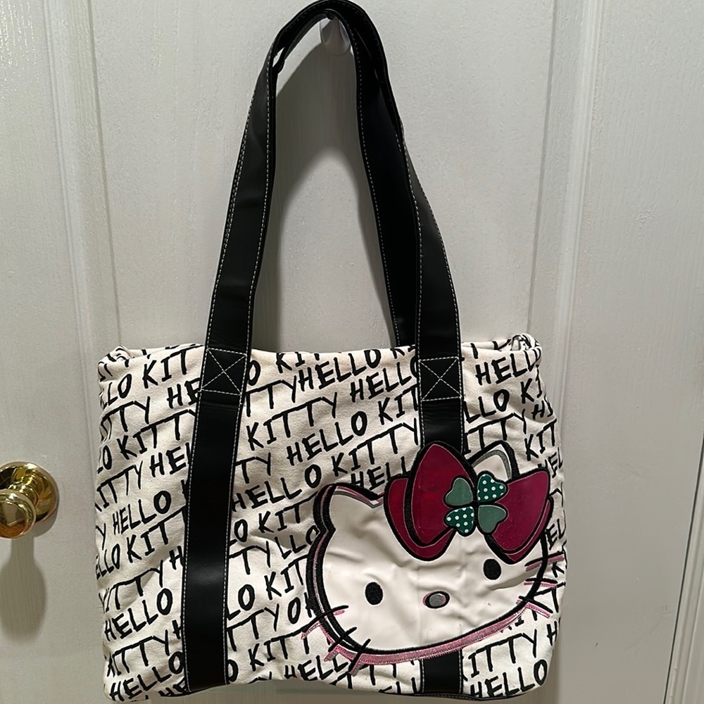 Hello Kitty Sanrio White Black Fabric Overnight Tote Bag Purse 4 Leaf Clover HTF